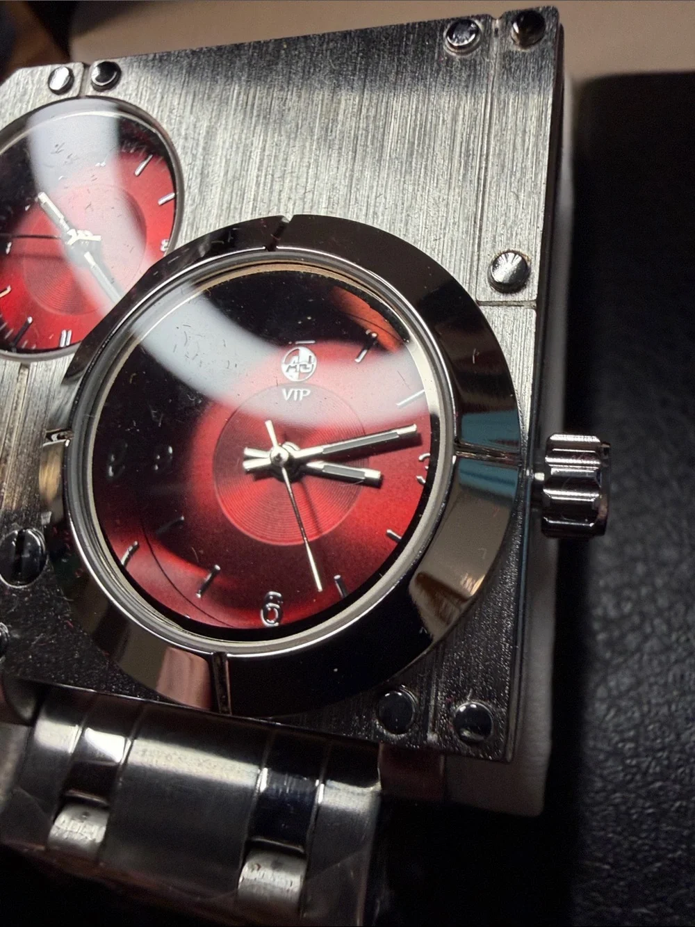 Men's Dual-Dial Brushed Stainless Steel Watch with Red Faces
